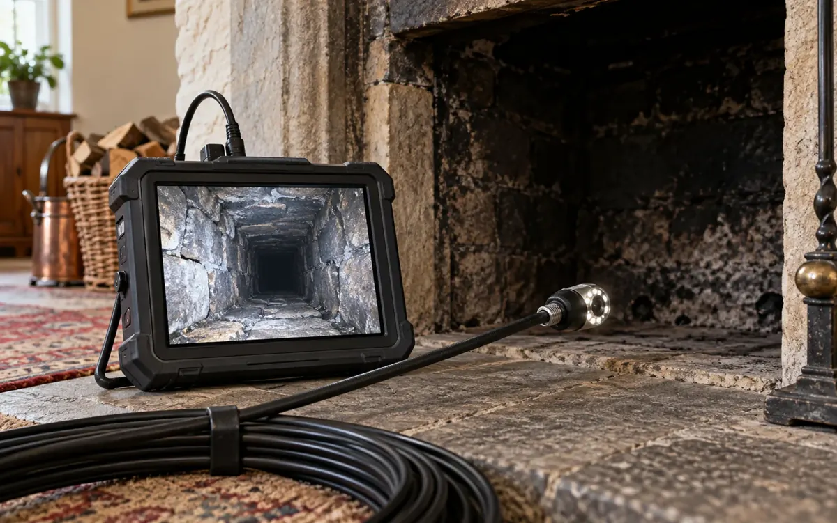 Illustration of a chimney inspection camera and monitor beside an unlit fireplace