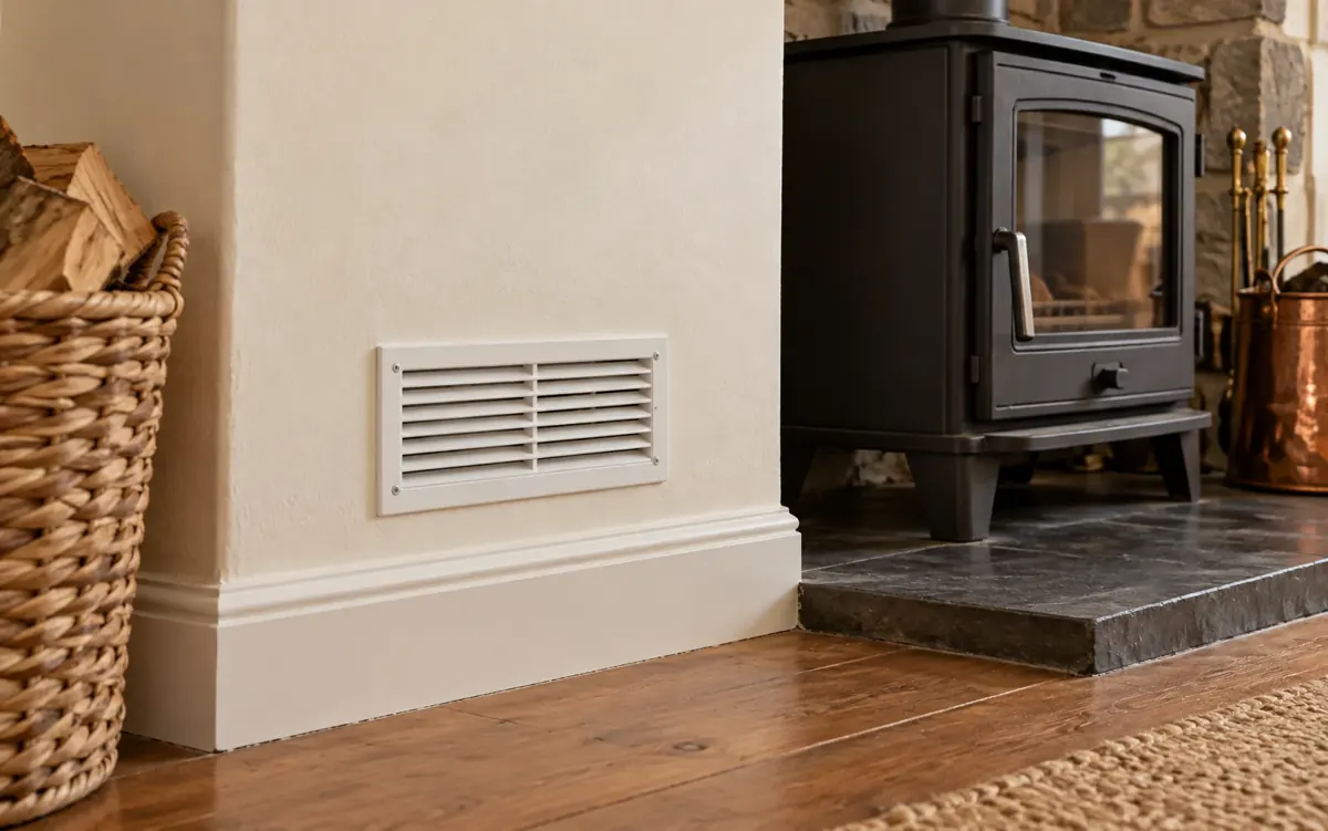 Illustration of a permanent wall ventilation grille beside a wood-burning stove