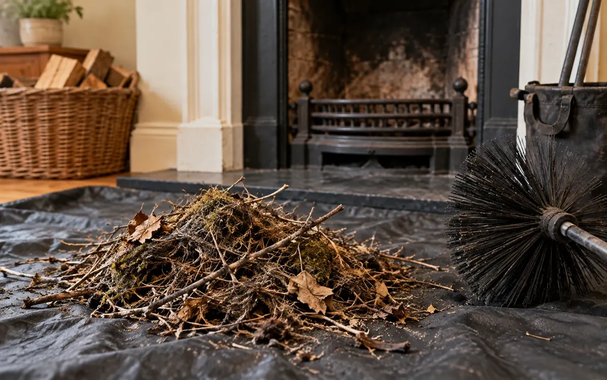Illustration of old nesting debris on a protective sheet beside an unlit fireplace